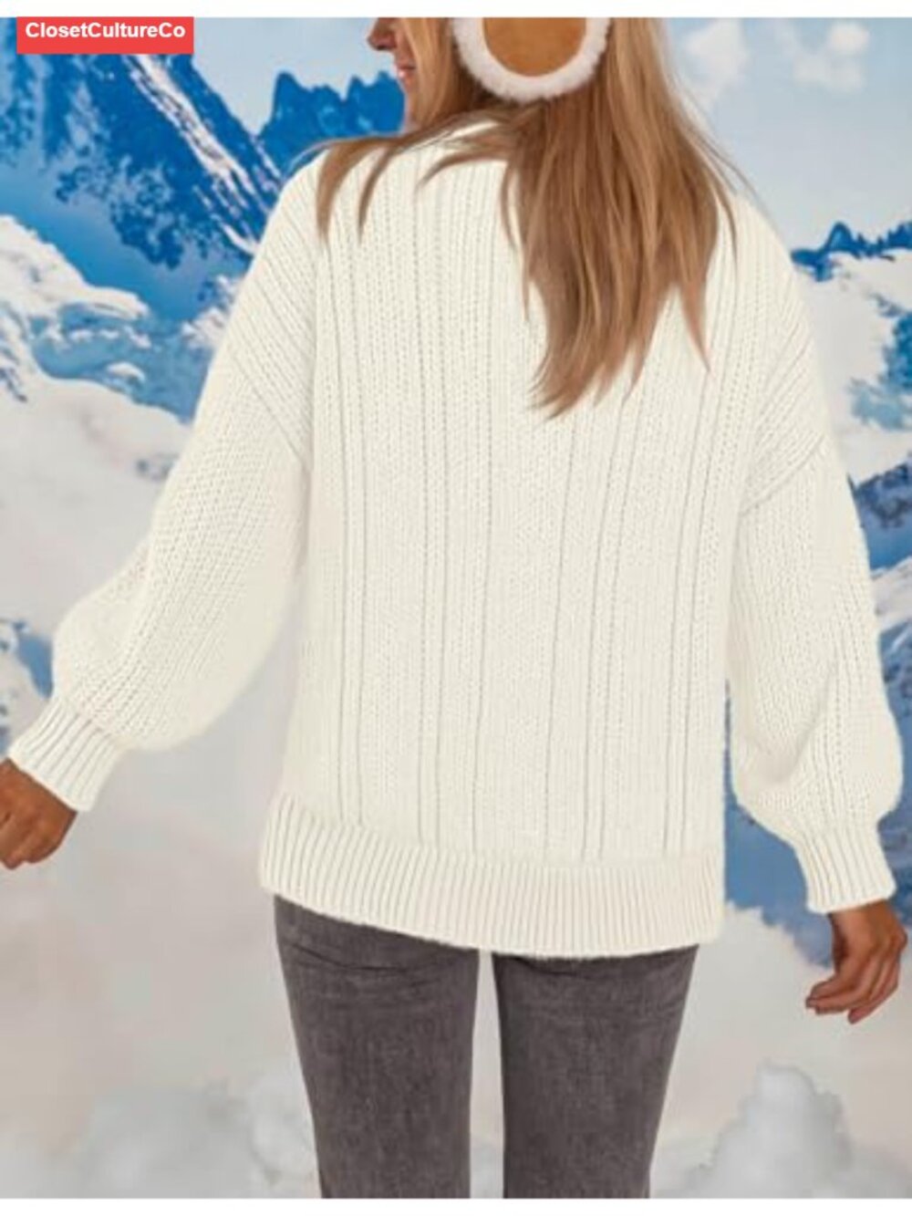 Womens Cable Knit Sweater Long Lantern Sleeve Crewneck Chunky Pullover - Picture 2 of 6